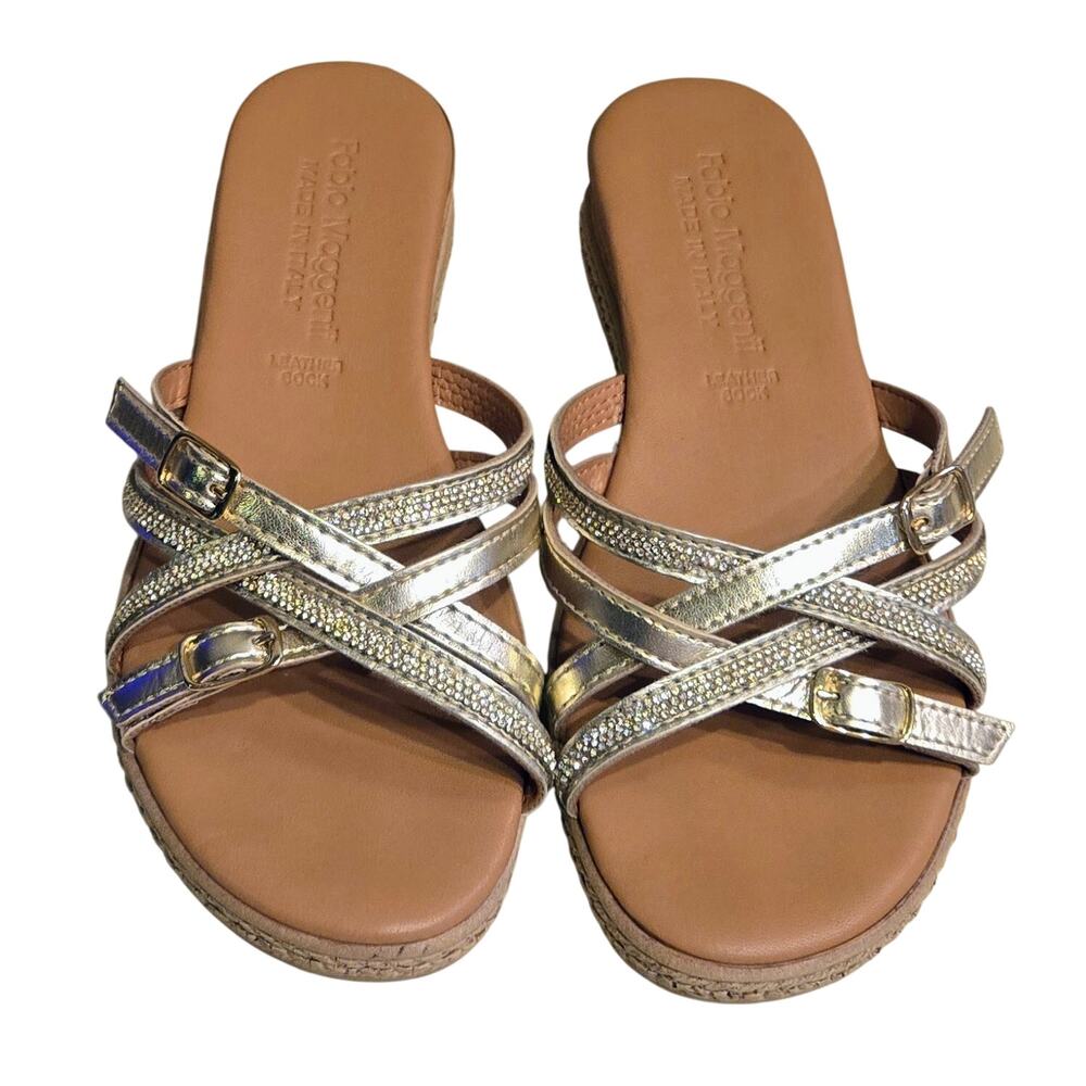 Fabio Maggenti Sandals Gold Strappy Cork Wedge Flip Flops Toe to Heel 9" Size 6